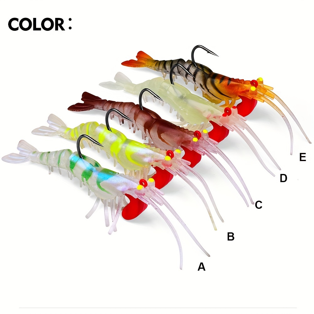 OriGlam 5pcs Soft Luminous Shrimp Lure Set with Hooks, Beads, and 3D Eyes  for Freshwater and Saltwater Fishing - 5 Colors