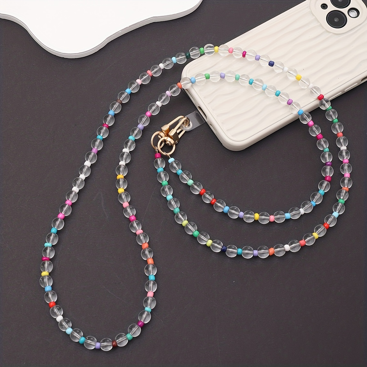 

Transparent Glass Beads Colorful Small Beads Long Diagonal Mobile Phone Lanyard With A Transparent Card