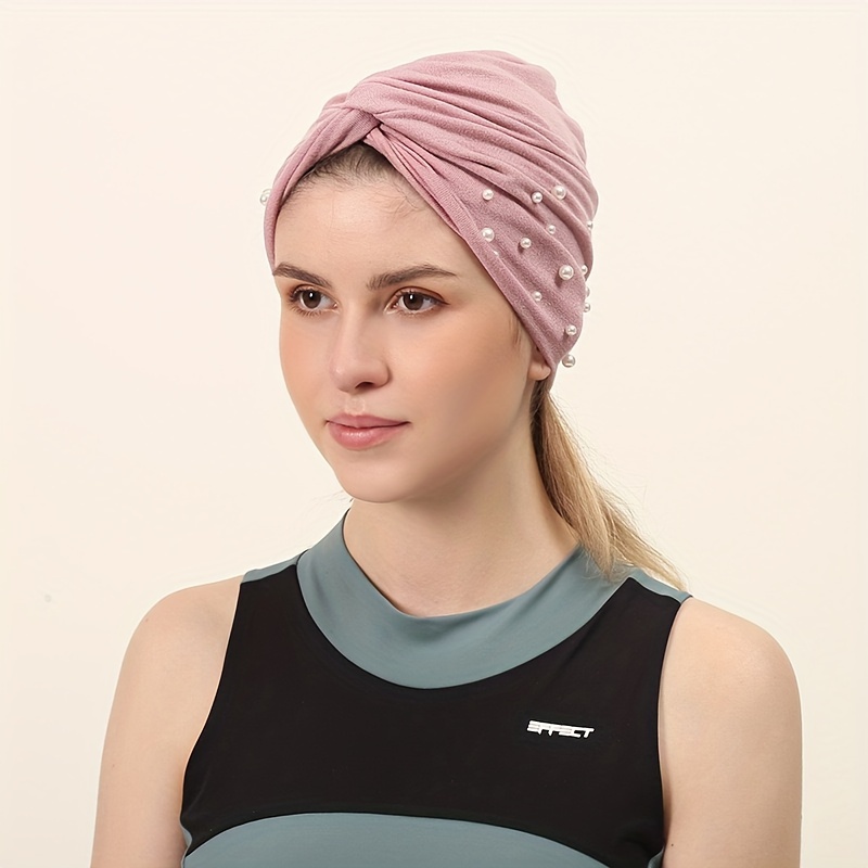 solid color pre tied turban hat pearl decor chemo Temu Qatar