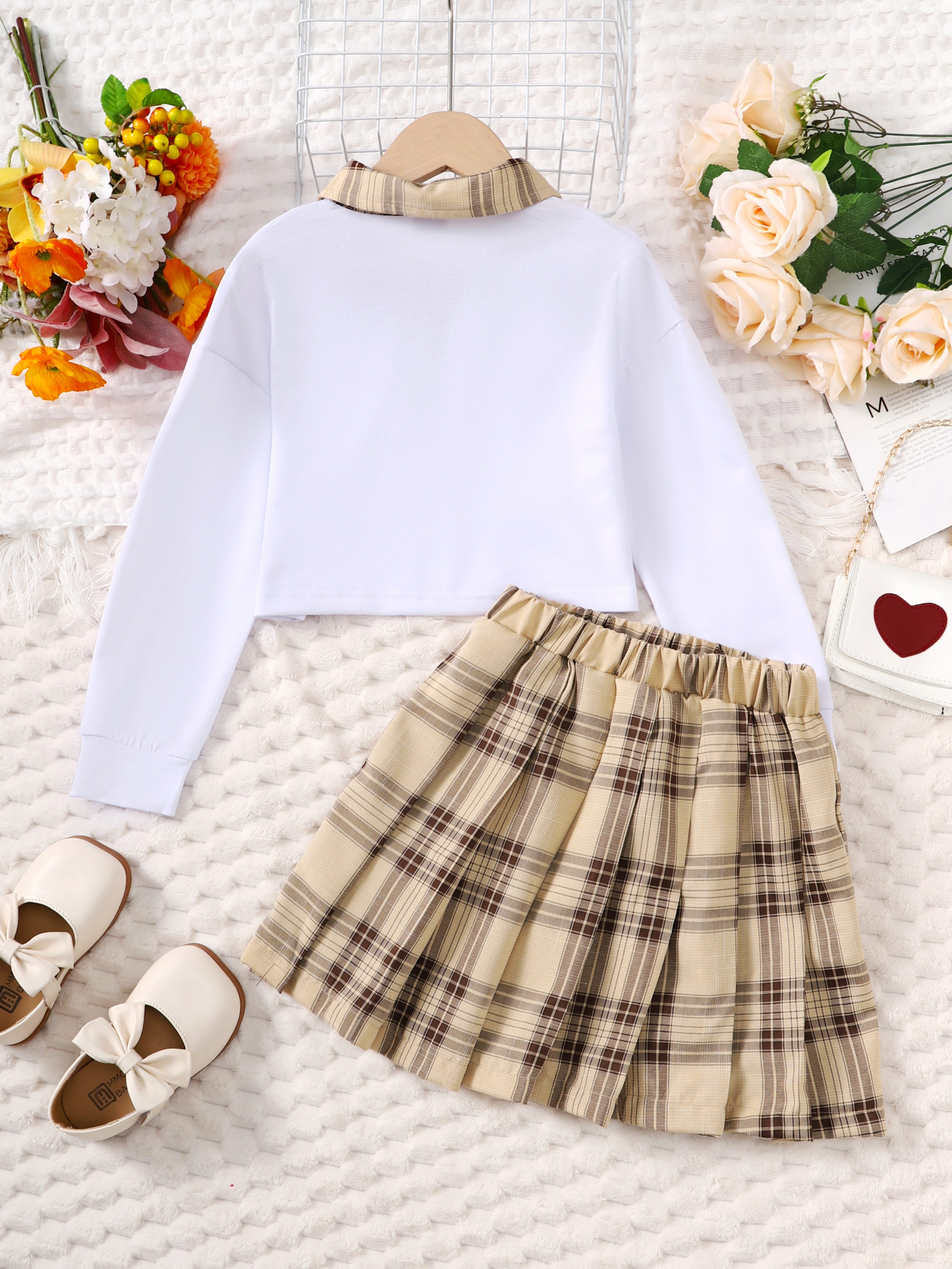 Girl's Preppy Style Outfit Shirt Plaid Pattern Skirt Set - Temu Canada