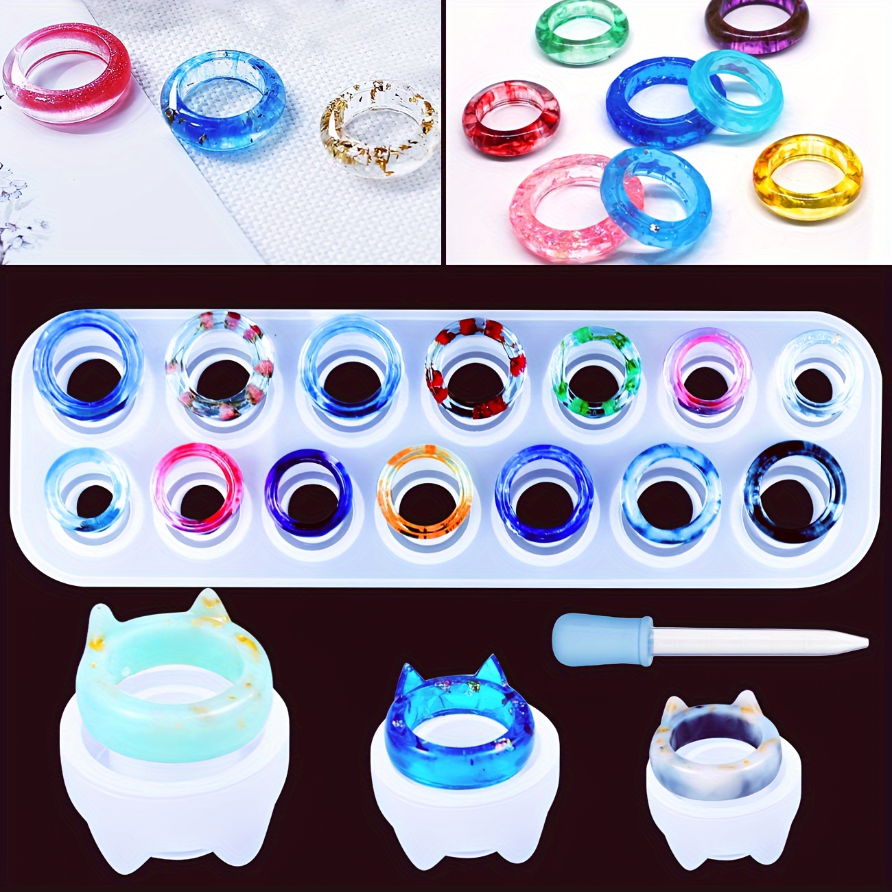 1Pc Resin Ring 5 Shapes Silicone Mold Jewelry Cat Diamond Flat Shaped Ring  Pendant DIY Silicone