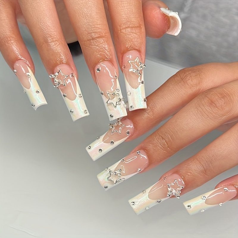 Glossy White French Tip Press On Nails With Exquisite Pearl - Temu