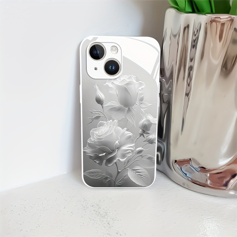 

Creative White Camellia Pattern Phone Case For 15 14 13 12 11 X/xs Xr Xs Pro Max Plus White Metallic Lacquered Silicone Glass Straight Edge New All-inclusive Case