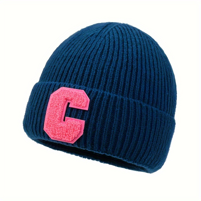 Candy Color C Patch Beanies Trendy Windproof Knit Hats Elastic