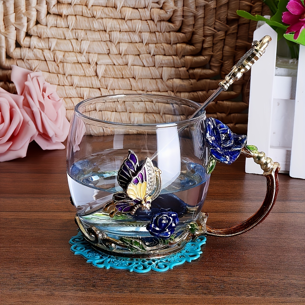 Glass Coffee Mugs with Spoon Enamel Butterfly Rose Flower Tea Cups with  Decorative Handle Tea Sets for Women Gift 