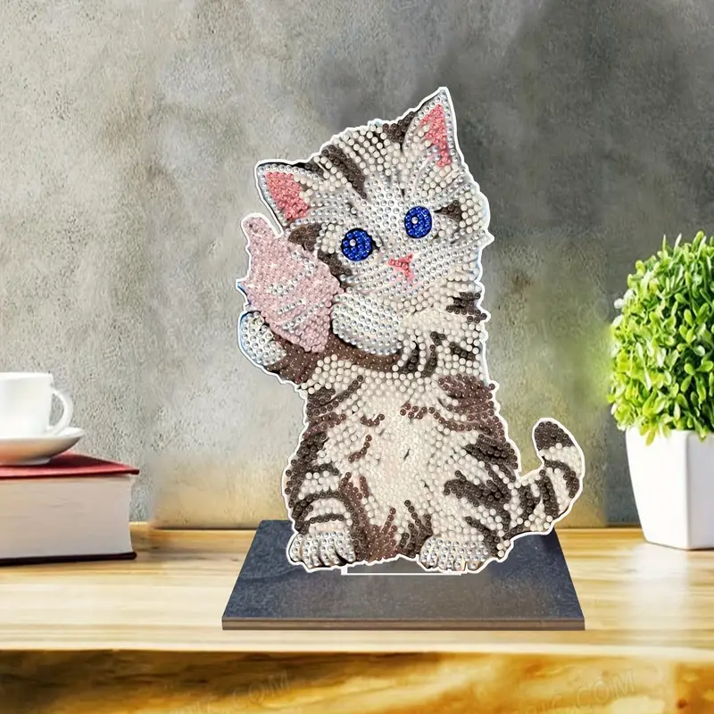 Diy Diamond Painting Wooden Cat Ornament Full Diamond - Temu