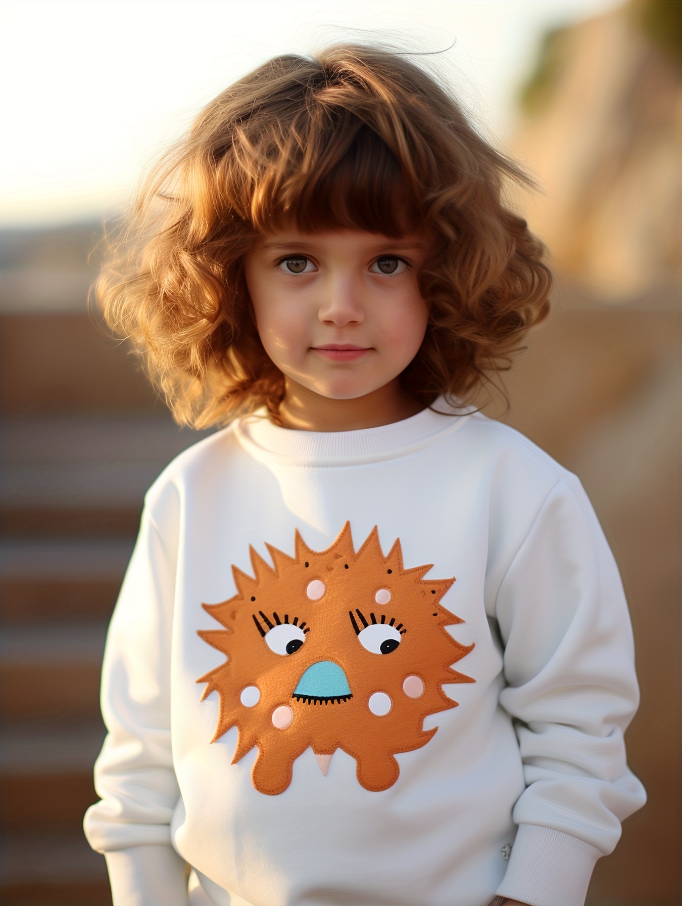 Girls Cartoon ''funny Blue Monster'' Print Round Neck Sweatshirt