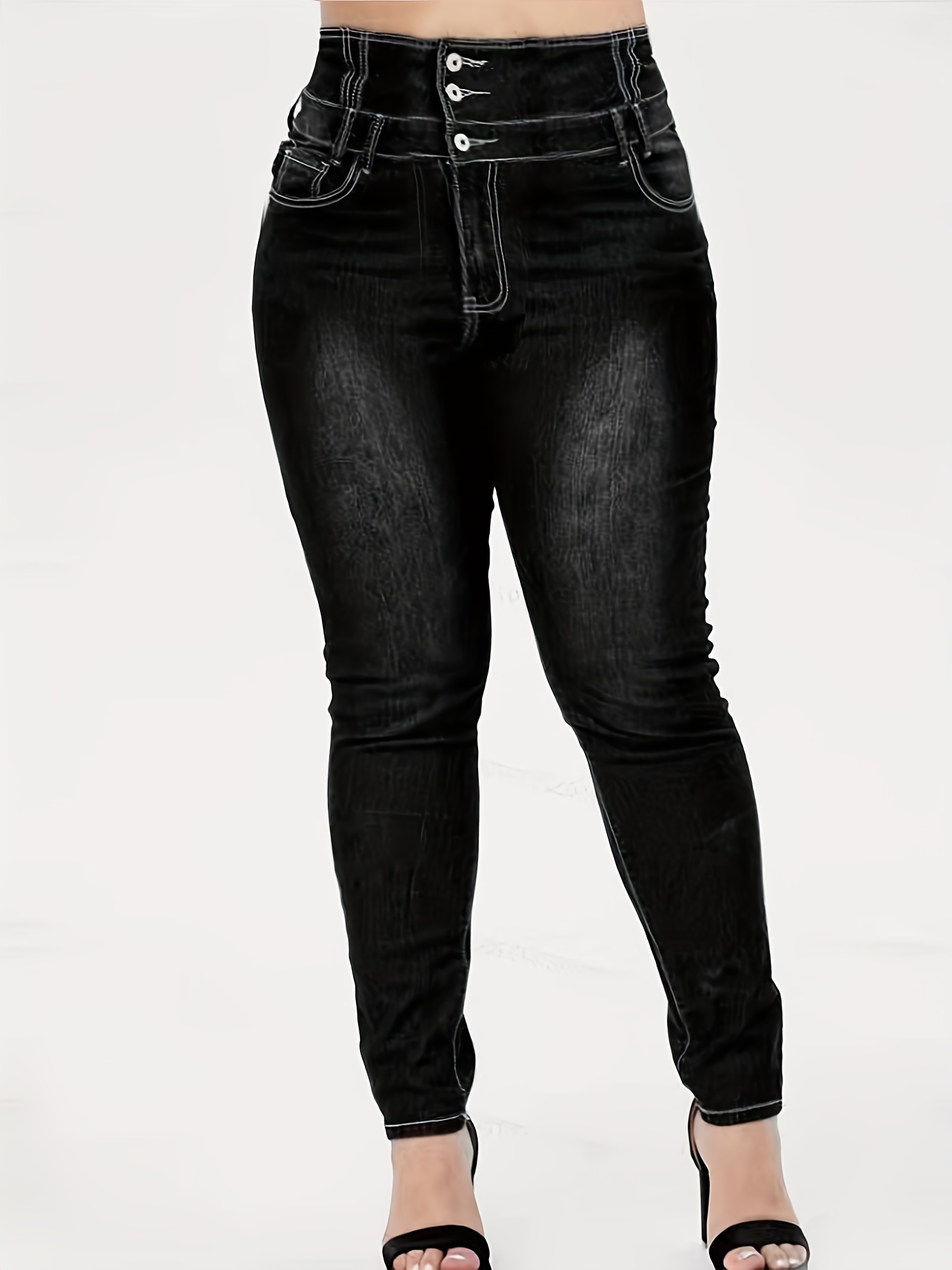 High Rise Button Fly Skinny Jeans Women's Plus Medium Stretch