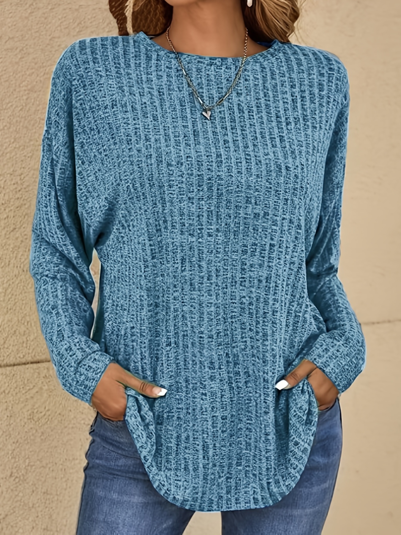 Solid Square Neck Pointelle Knit Top Casual Long Sleeve Slim - Temu