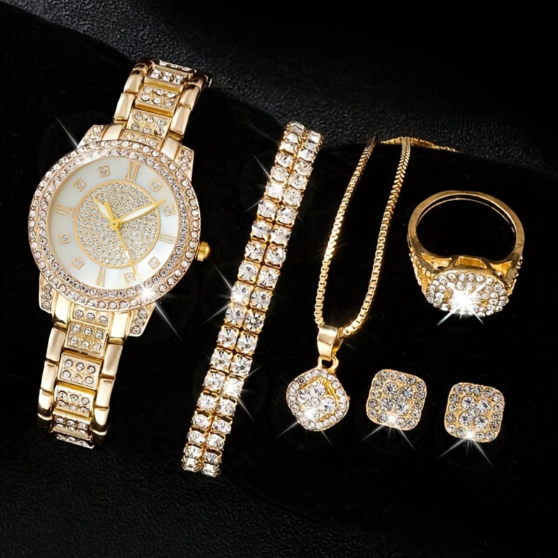 

Women's Watch Rome Fashion Quartz Watch Sparkling Rhinestone Analog Wrist Watch & 6pcs Jewelry Set, Gift For Mom Her