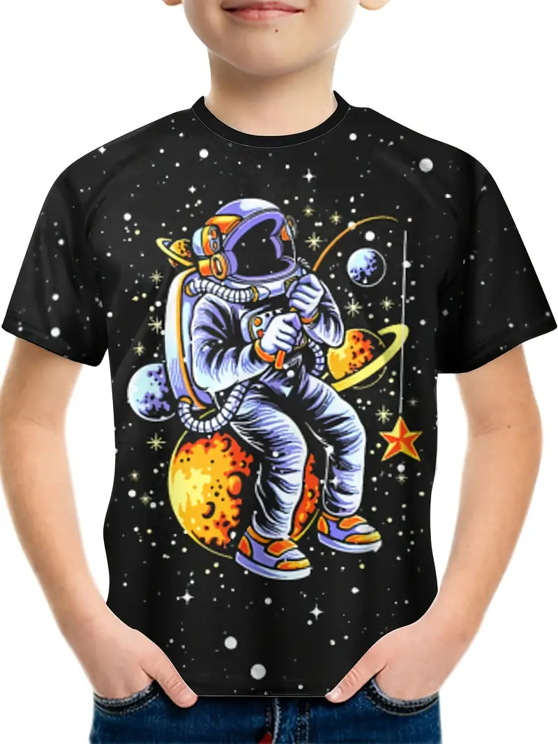 Cartoon Space Astronaut Fishing Planet 3D Print Boys Creative T-shirt, Casual Lightweight Comfy Short Sleeve Tee Tops, Kids Clothes For Summer