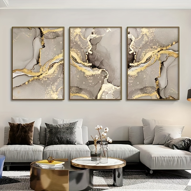 YS-Art Cuadro pintura abstracta hecho a mano en beige con líneas doradas  Aesthetics Decoración de pared salon modern Arte murale con marco 100x50 cm