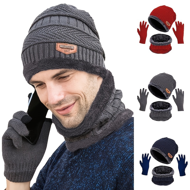 

Winter Warm Velvet Thick Knitted Beanies Scarves Neck Warmers, Solid Color Touch Screen Gloves, Three-piece Set, Men And Women Couples Cycling Warm Hats Gloves Neck Warmers