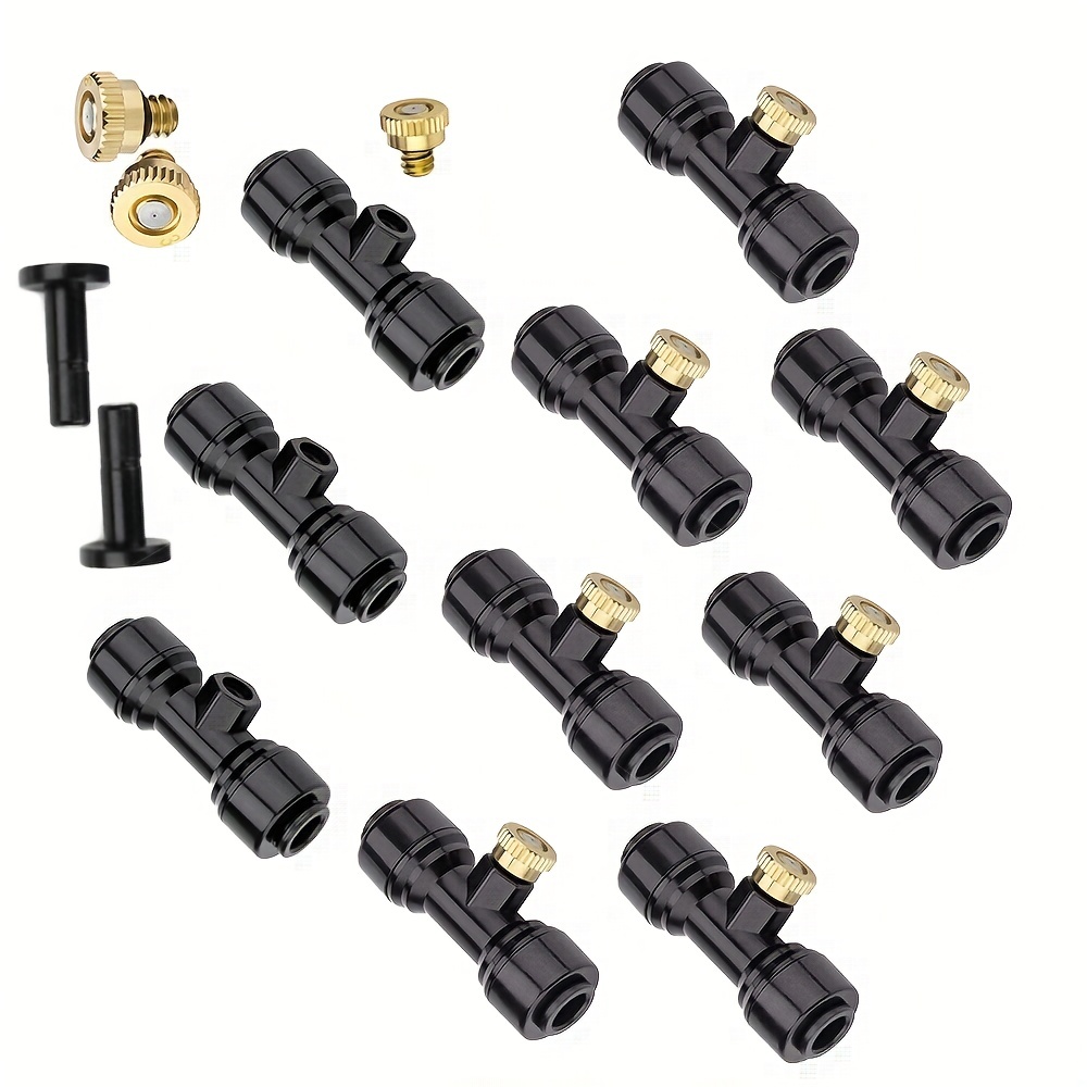 

10 Packs Brass Mister Nozzles With 10 Packs Misting Nozzle Tees With 2 Packs End Plugs For Outdoor Cooling System Patio Misting System