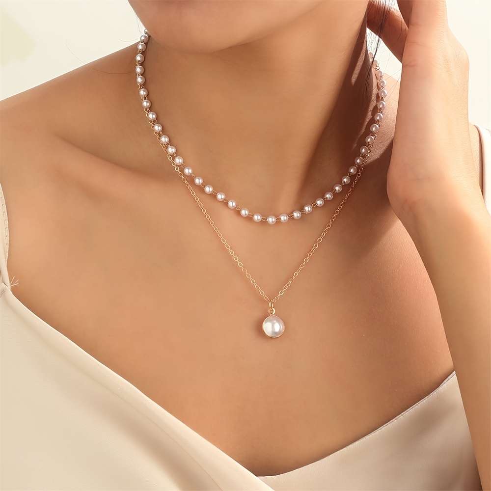 Double Layered Imitation Pearl Necklace Elegant Simple Style for Women Party Neck Accessories,Temu