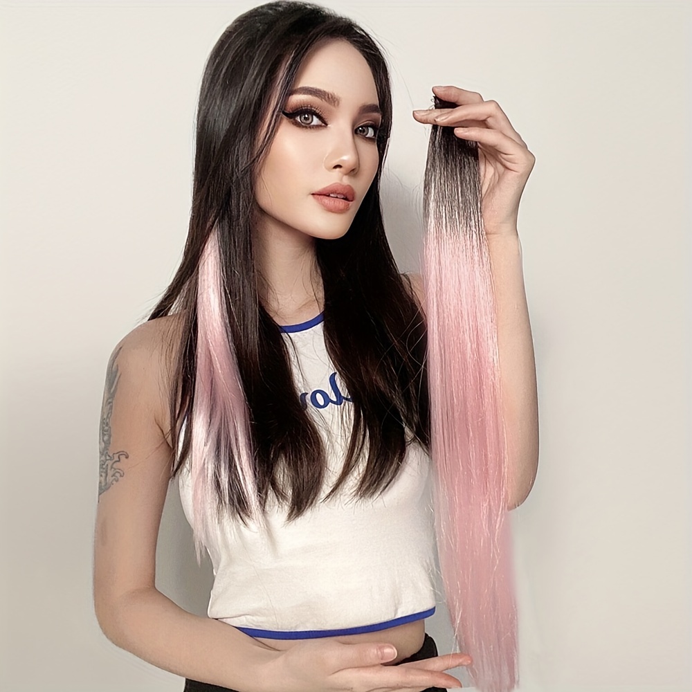 20inch Long Straight Women High Temperature Synthetic Clip in Hair Extension Hairpiece Grey Purple Red Green Blue Blond Colorful Extension,Temu