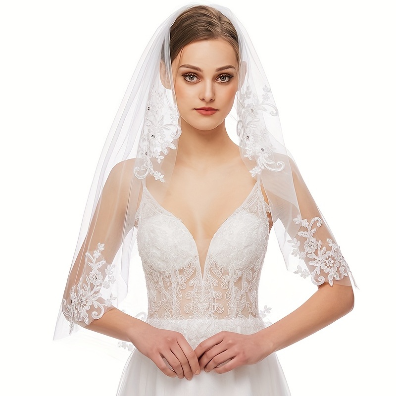 Double Bridal Veil Beautiful Ivory Cathedral Short Wedding Veils Lace Edge  with Comb Bride Veils