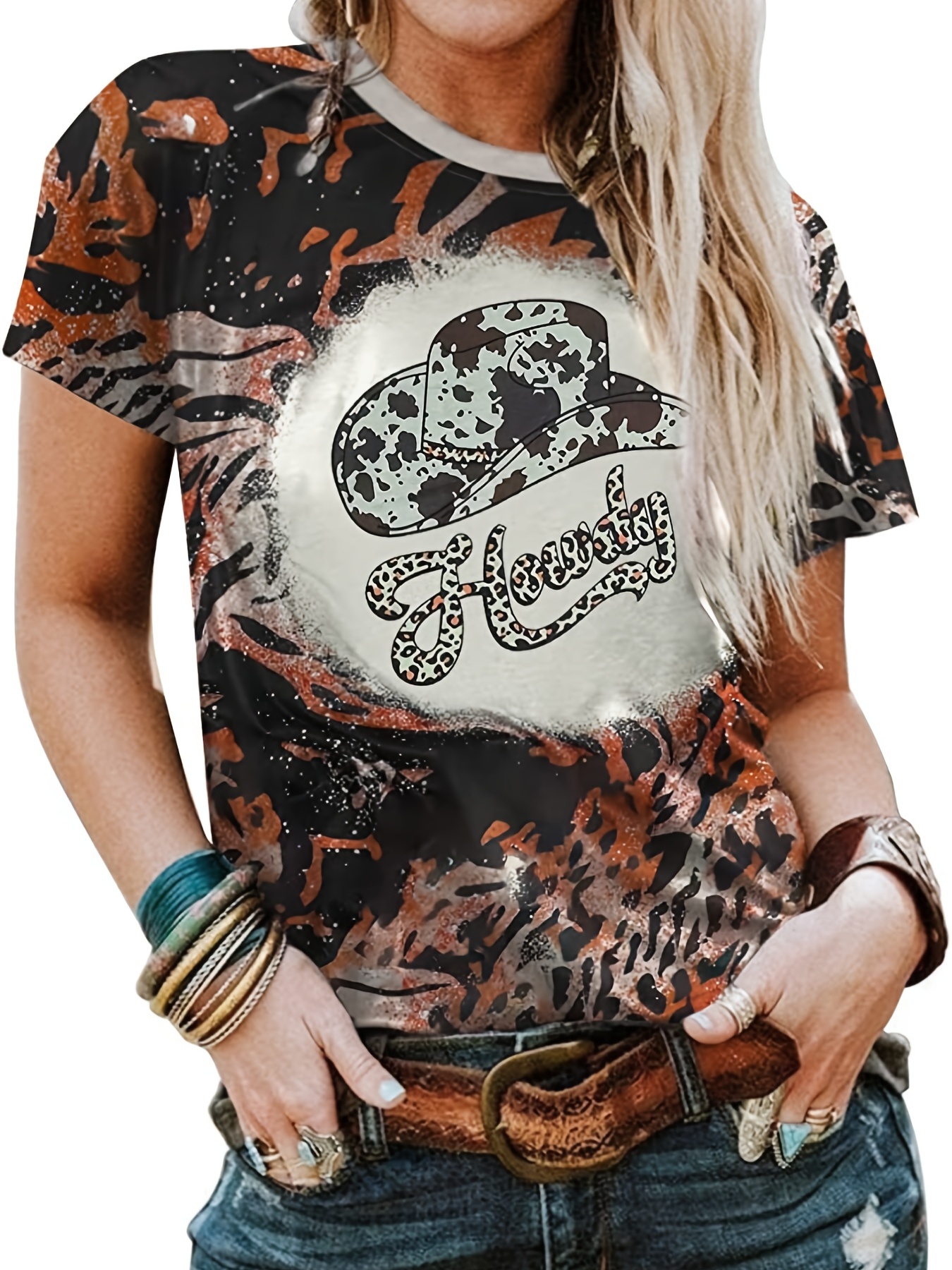 Leopard Graphic & Letter Print Crew Neck T-shirt, Vintage Western Country  Music Graphic Loose Short Sleeve Summer T-Shirts Tops, Women's Clothing