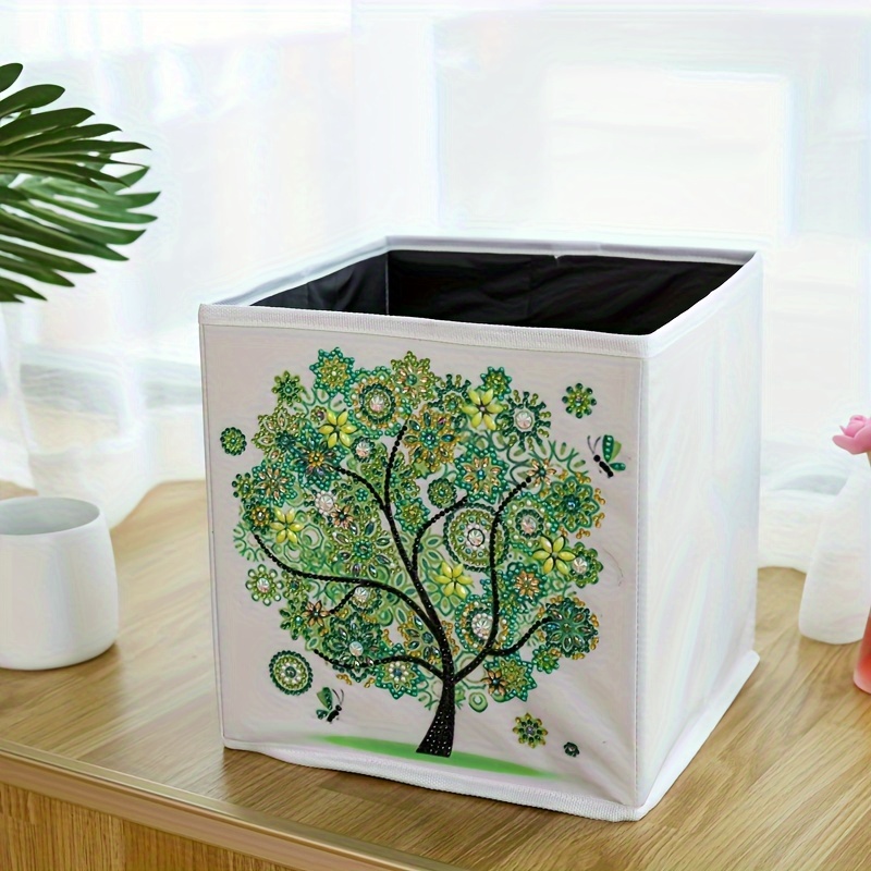 Image of 1pc Alloy 5d Diamond Painting Folding Storage Box, Folding Storage Basket Box Picture Art Craft For Home Closet Cabinet Bedroom Organizer, Size 25cm*25cm/9.84inch*9.84inch (tree Pattern)