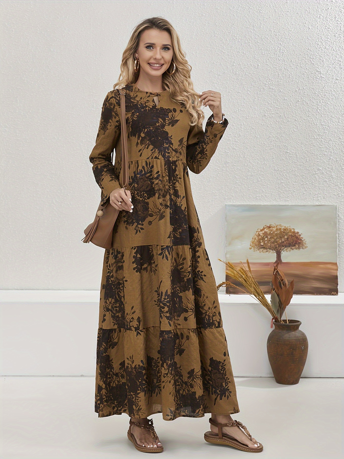 Floral Long Sleeve Maxi Dress Long Sleeve Loose Crew Neck - Temu