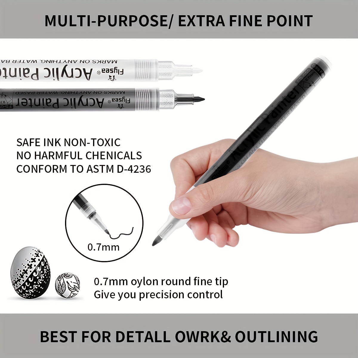 White Paint Pen, 8 Pack 0.7mm Acrylic Paint Pens Acrylic Markers 6 White 2  Black