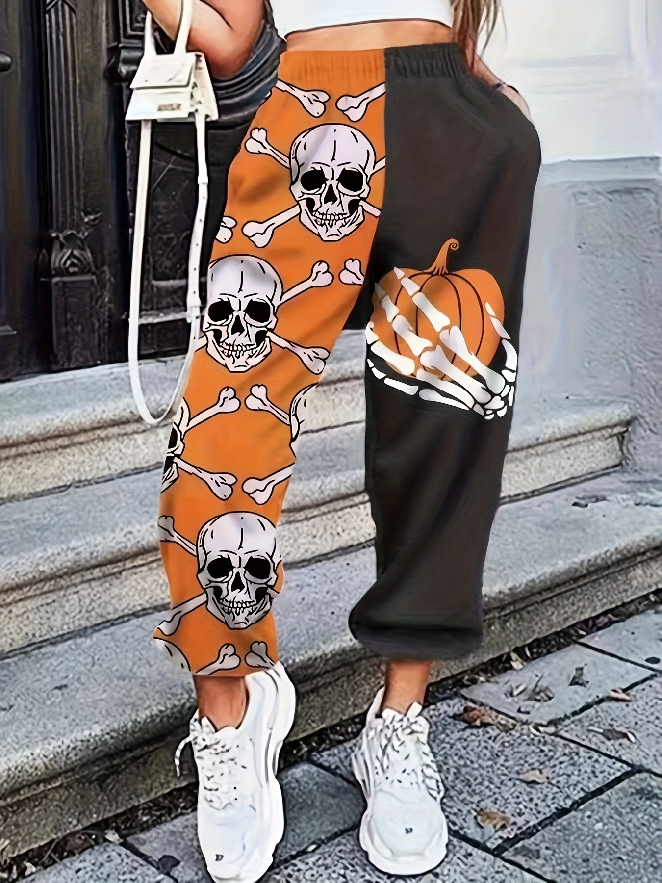 Elastic Waist Casual Sports Pants Skull Graphic Halloween - Temu