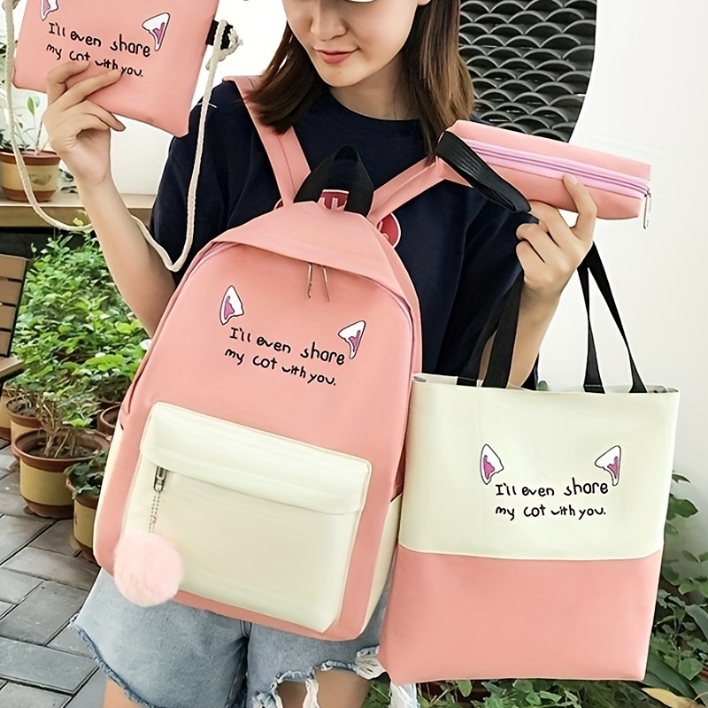 4pcs Pattern Large Capacity Backpack Tote Bag Pencil Case Set