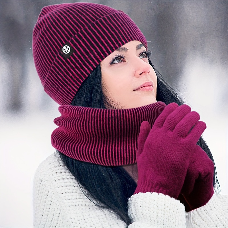 Ensemble écharpe/gants tricoté pour femme, bonnet chaud Skullies