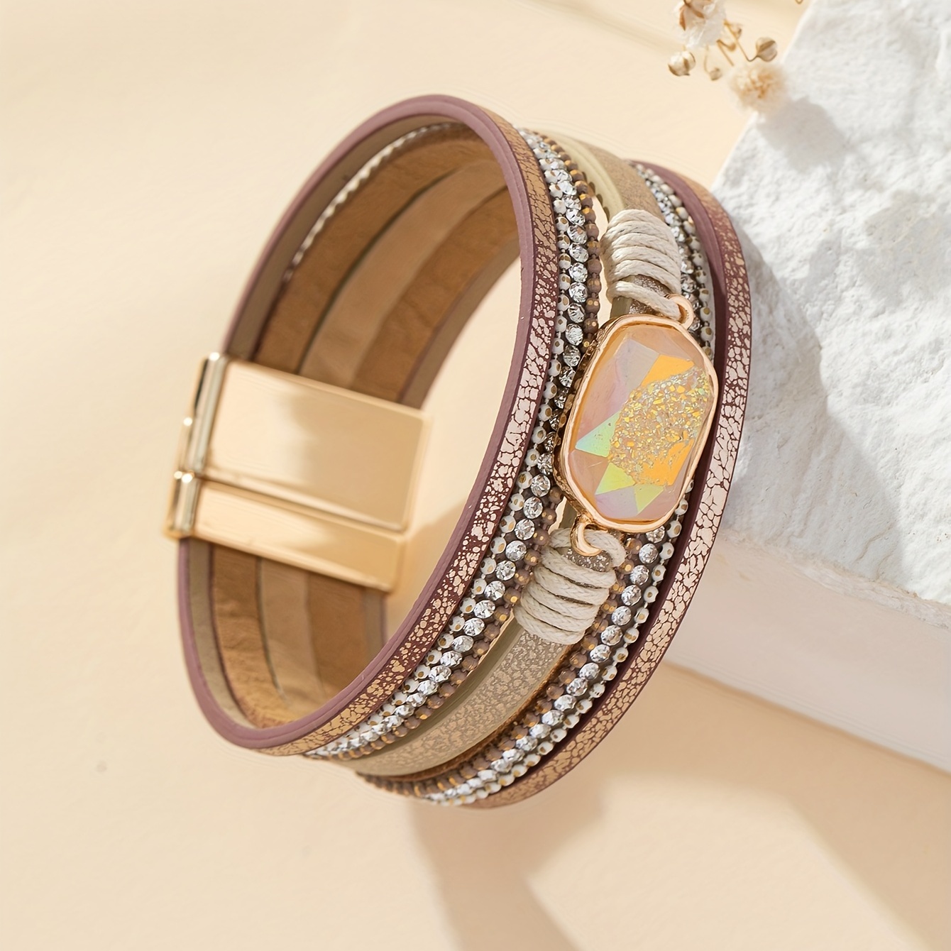Boho Multicolor Leather Resin Rhinestone Bracelet