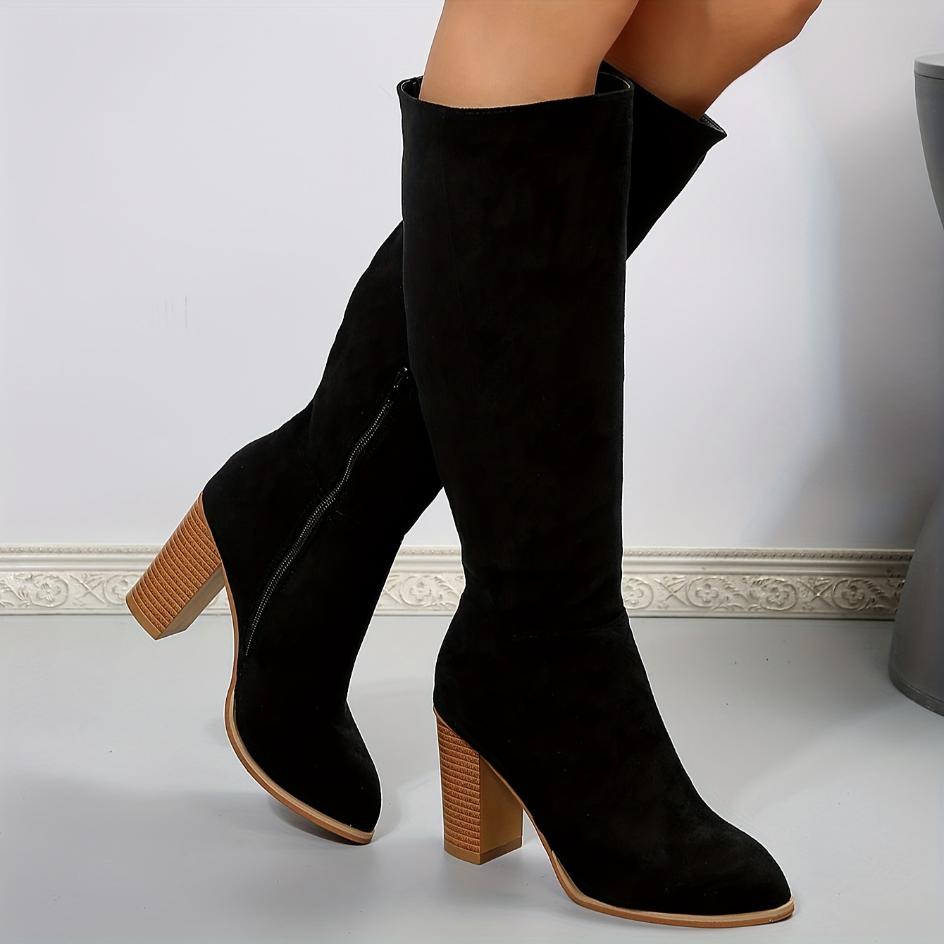 Women's Block Heeled Knee High Boots Comfortable Side Zipper