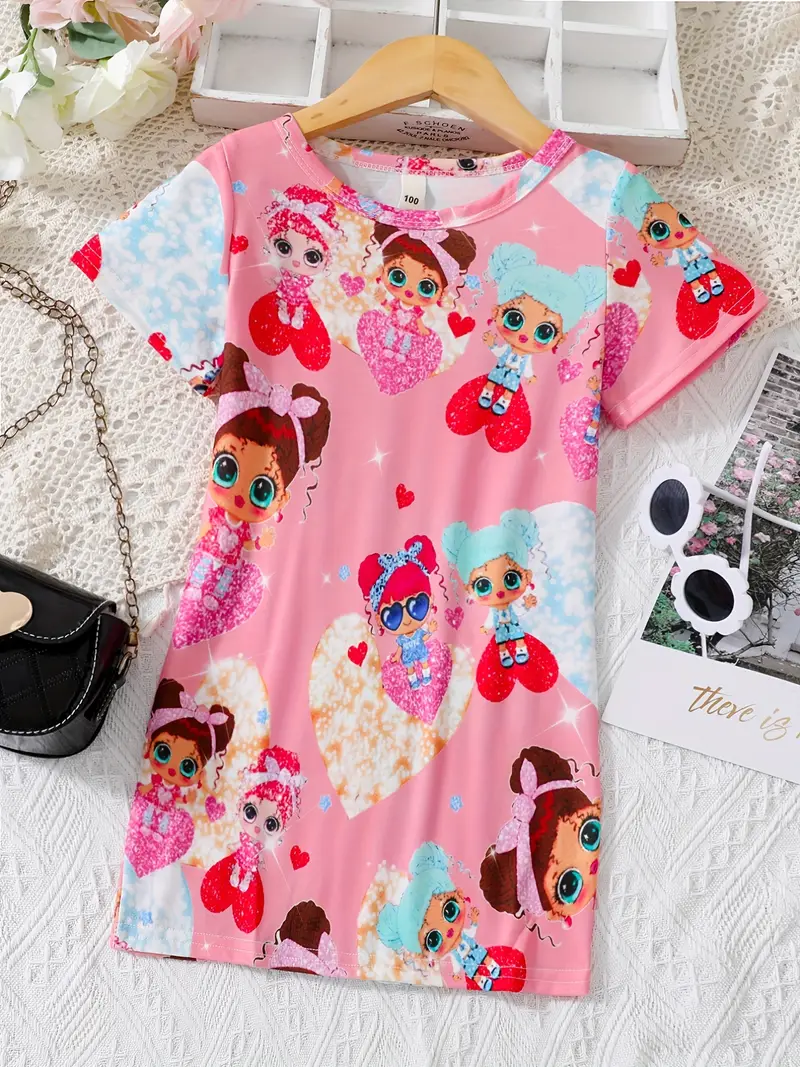 toddler girls cute cartoon shiny girl graphic crew neck casual t shirt dress for party kids summer clothes details 14