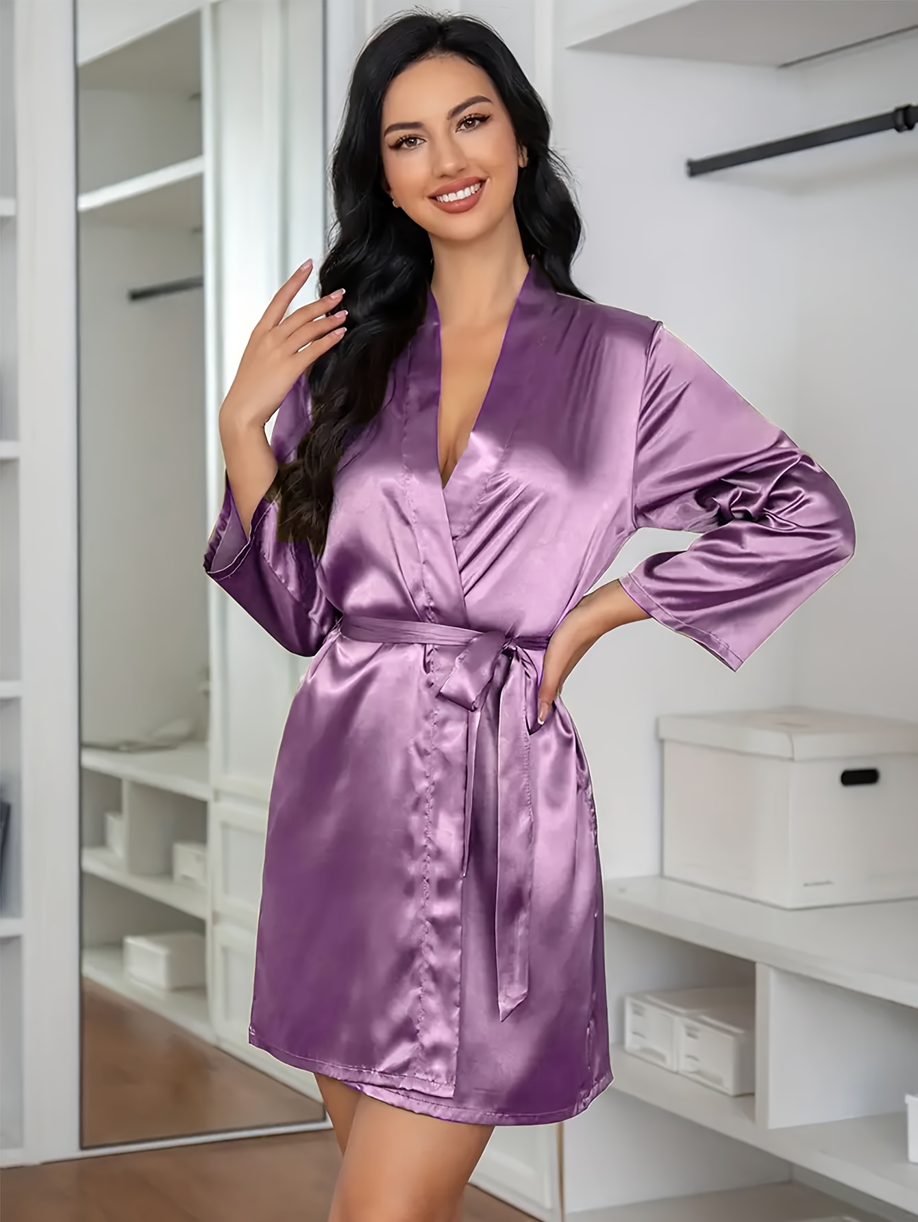 Solid Satin Night Robe, Long Sleeve V Neck Robe With Belt, Women's Sleepwear