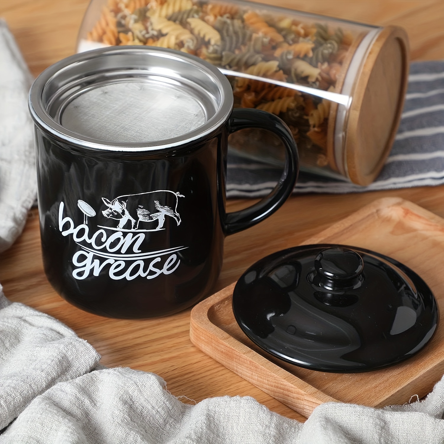 Ceramic Bacon Grease Container With Strainer And Lid, Bacon Grease