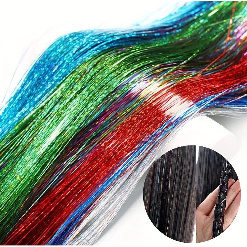 Y2K Tinsel Hair Extension, 1200 Strands 48 inch Sparkle Glitter Rainbow Colored Synthetic Crochet Hair Extensions, Human Hair Extensions for