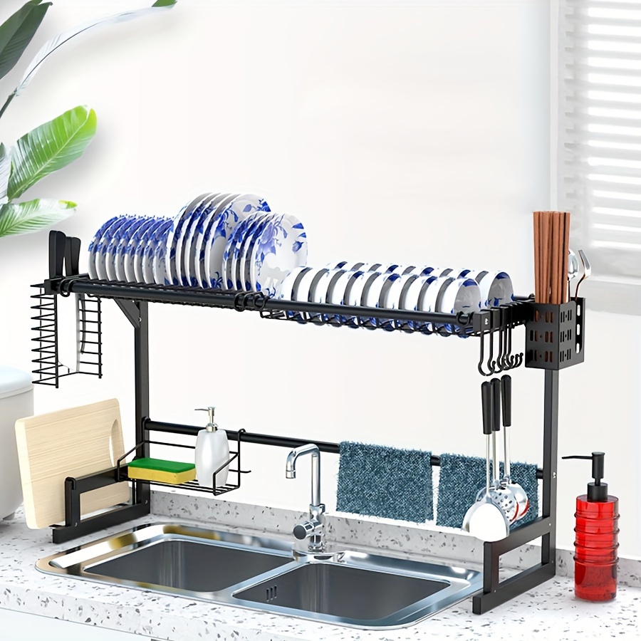 Over Sink Dish Drying Rack Display With Utensil Holder And Utensil Sponge  Holder, Large-capacity Dish Drying Rack, Space-saving, Kitchen Accessories  - Temu