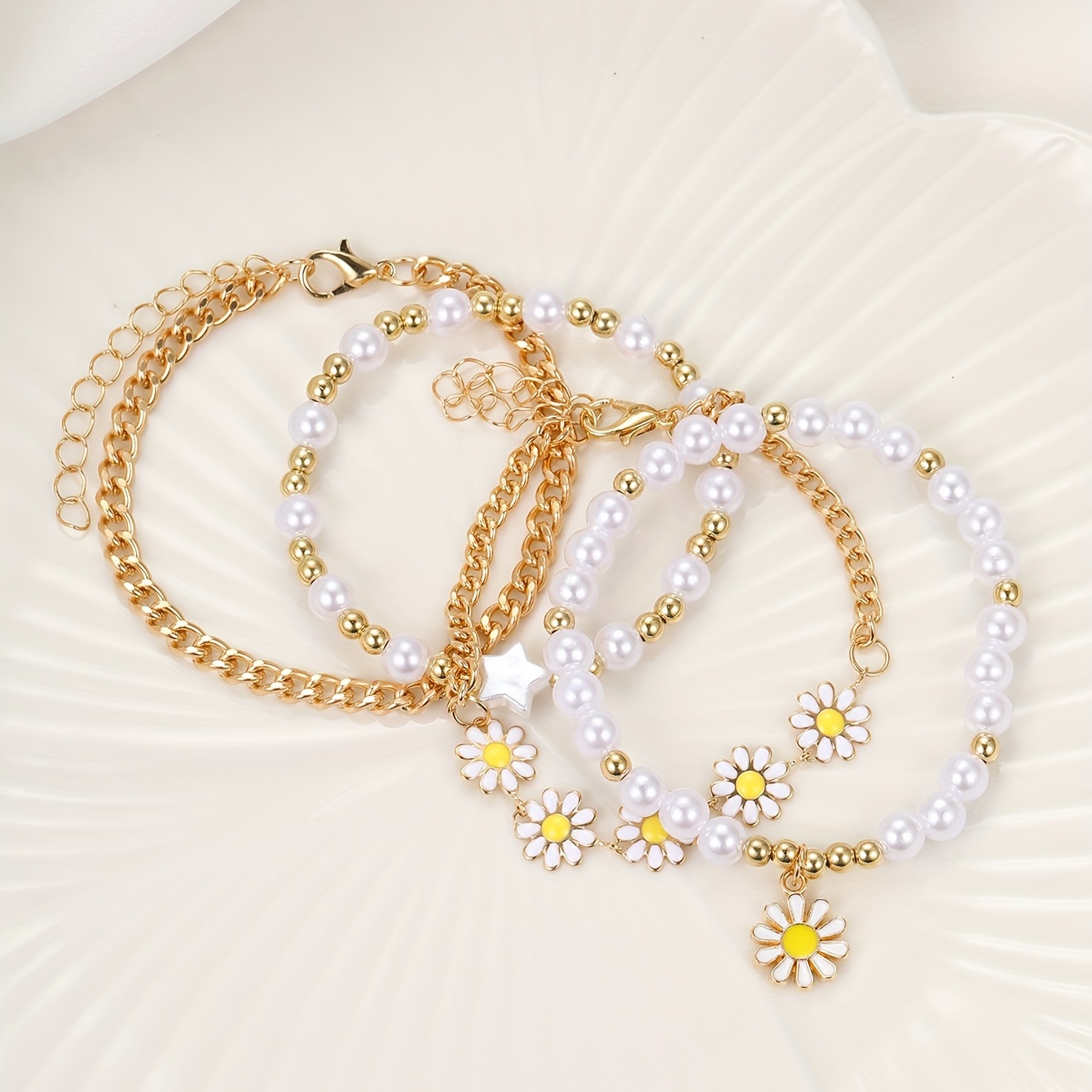 4pcs/Set Delicate Daisy Flower Charm & Faux Pearl Chain Bracelet Alloy Hand  Jewelry Gift For Girls