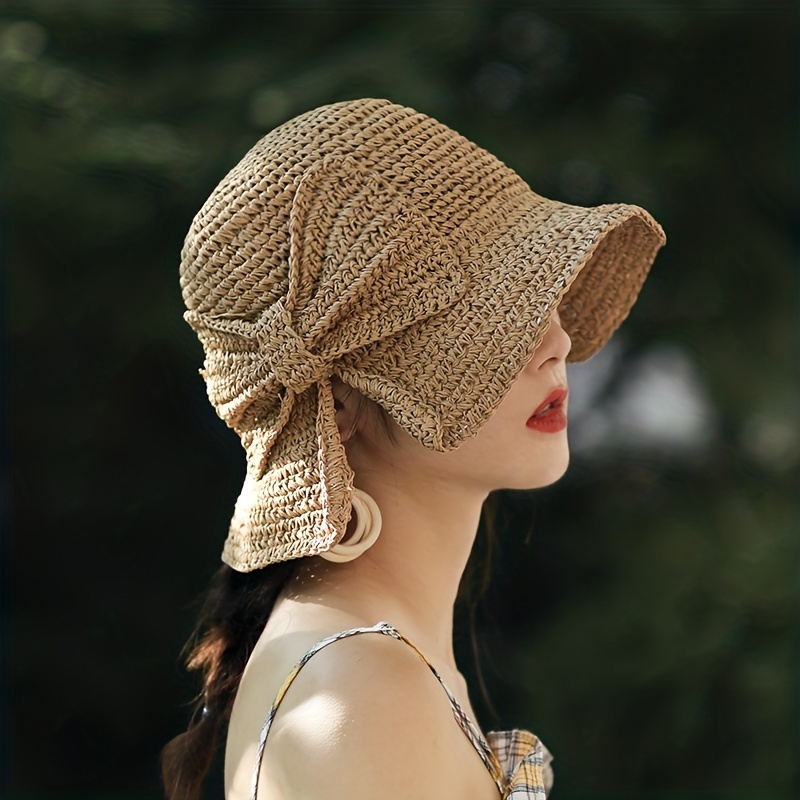 

Straw Bowknot Slit Sun Hat Elegant Vintage Crochet Bucket Hat Foldable Uv Protection Travel Beach Hats For Spring & Summer