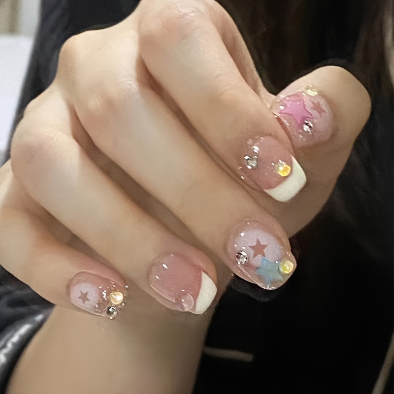 

24pcs Glossy Short Square Fake Nails, Sweet Pinkish Press On Nails With Star And 3d Bubble Beads Design Cute False Nails For Women Girls