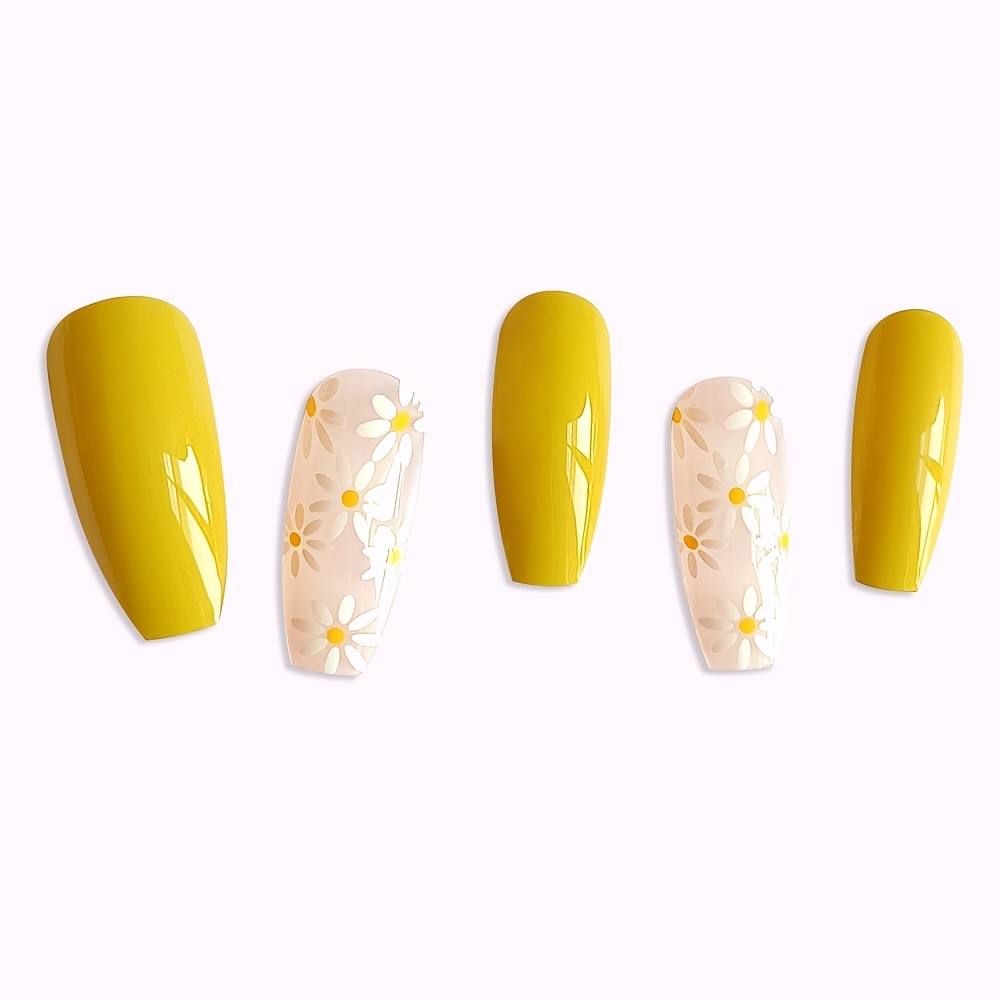 yellow and white camellia autumn false nail reusable press on fake nail artificial finger nail for women girls details 4