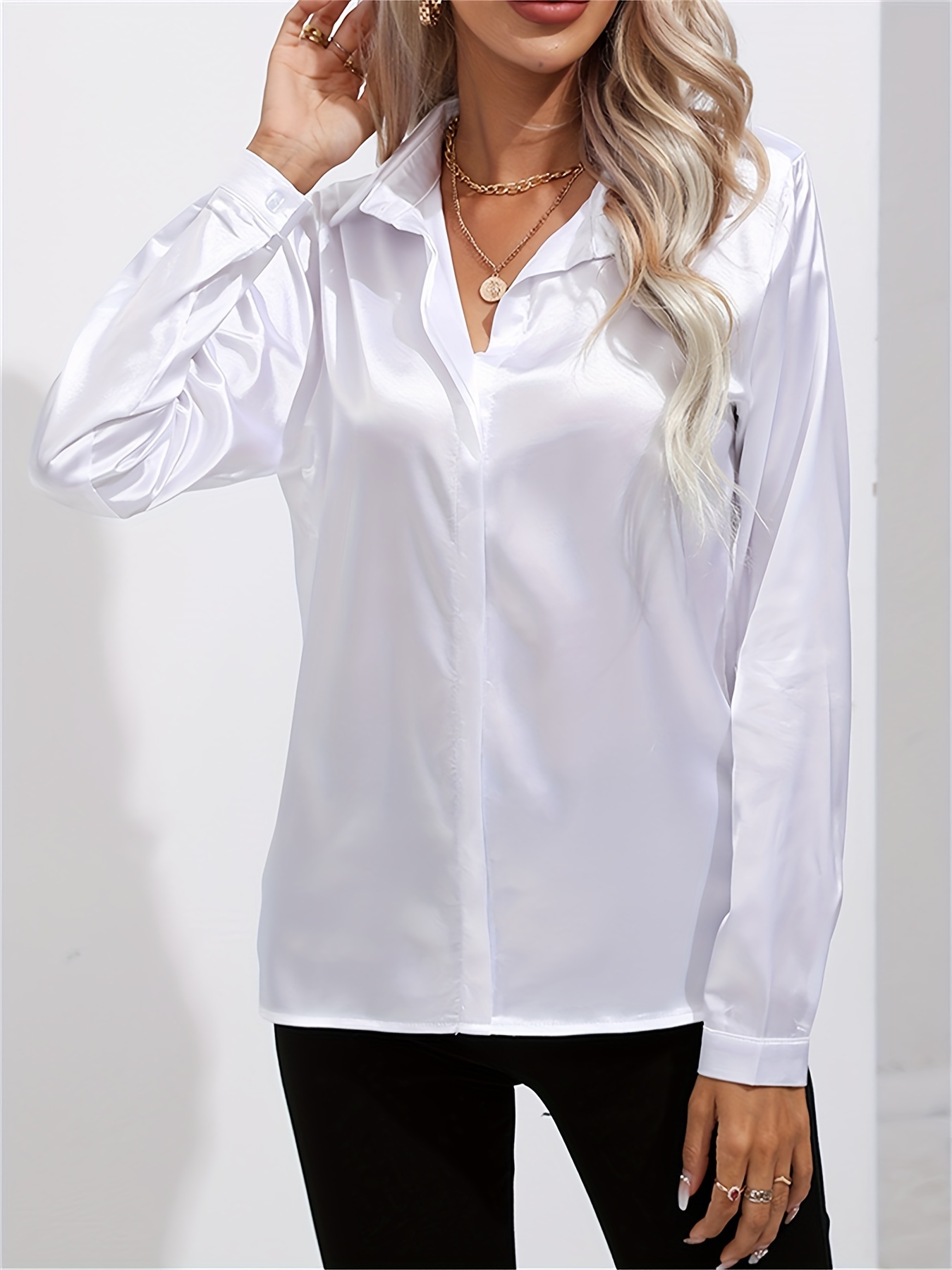 womens white button down collar long sleeve shirt