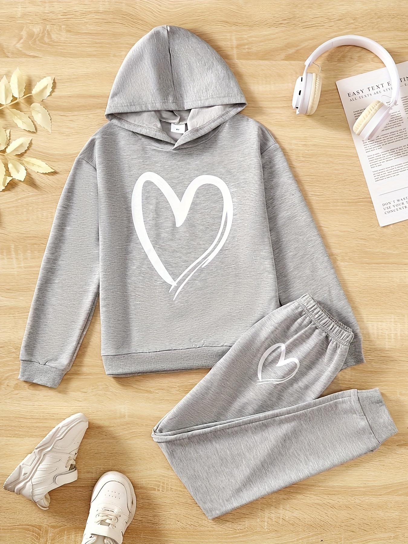 Girls 2pcs Heart Print Hooded Top & Heart Graphic Jogger Pants Set, Comfy  Set Girls' Sets For Gift, Sports