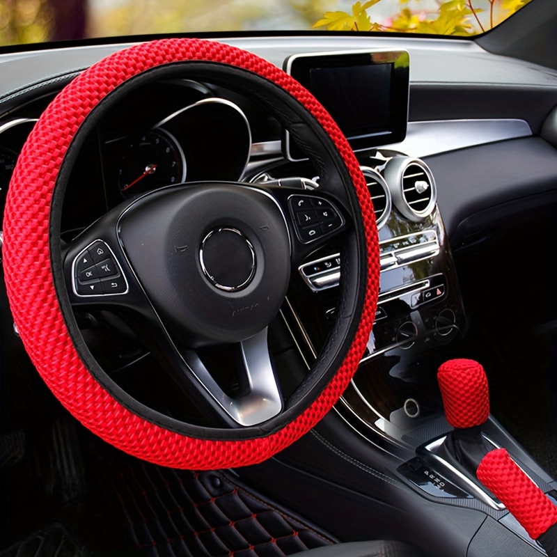 

3pcs Breathable Comfort Car Steering Wheel Cover With Handbrake & Gear Shift Protectors, Polyester Fiber Massage Grip Set For All Seasons Universal Fit