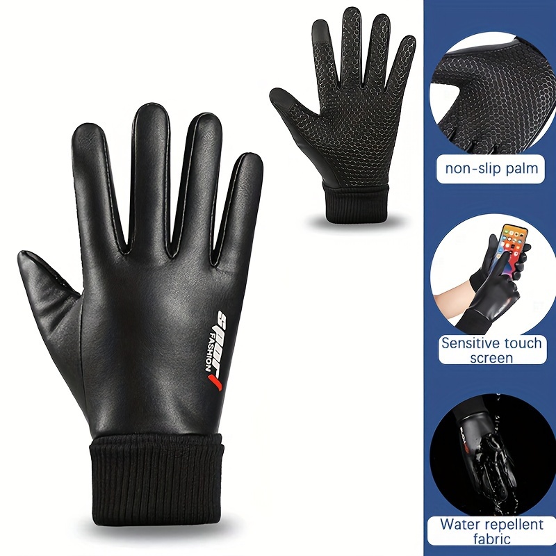 Stylish Black PU Leather Gloves Short Tighten Cuff Velvet Lined Warm Gloves  Winter Coldproof Waterproof Touchscreen Gloves