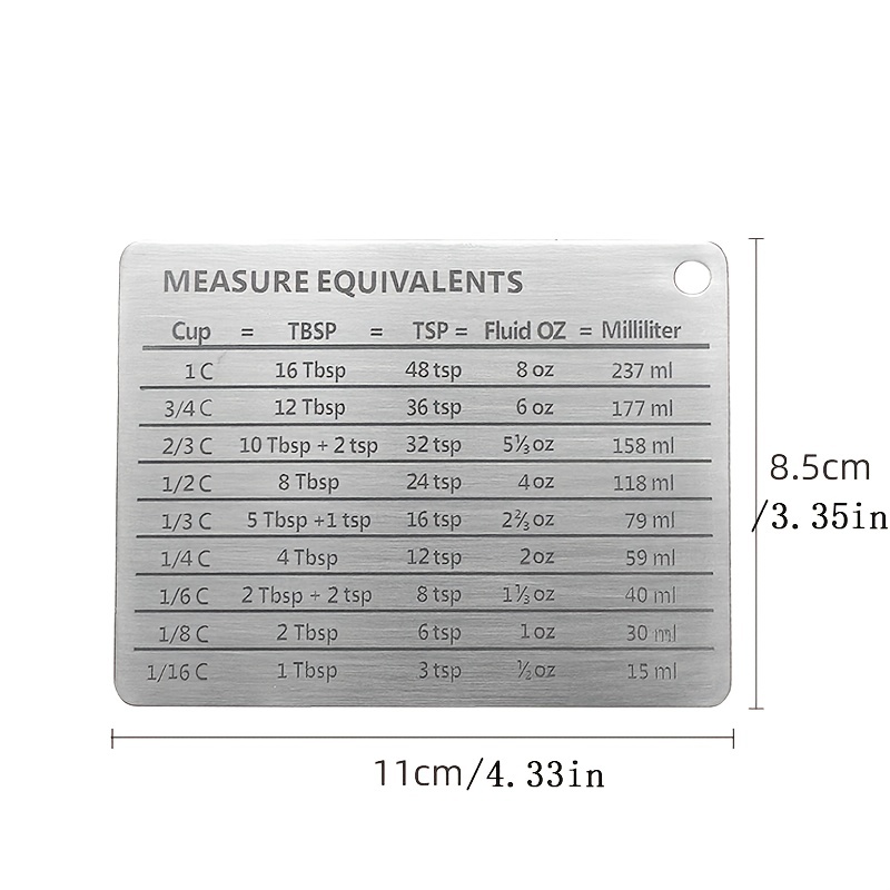 Stainless Steel Refrigerator Magnet Kitchen Conversion Chart - Cups,  Tablespoons, Teaspoons, Fluid Oz, Milliliters - Magnetic Kitchen Measurement  Conversion Chart 
