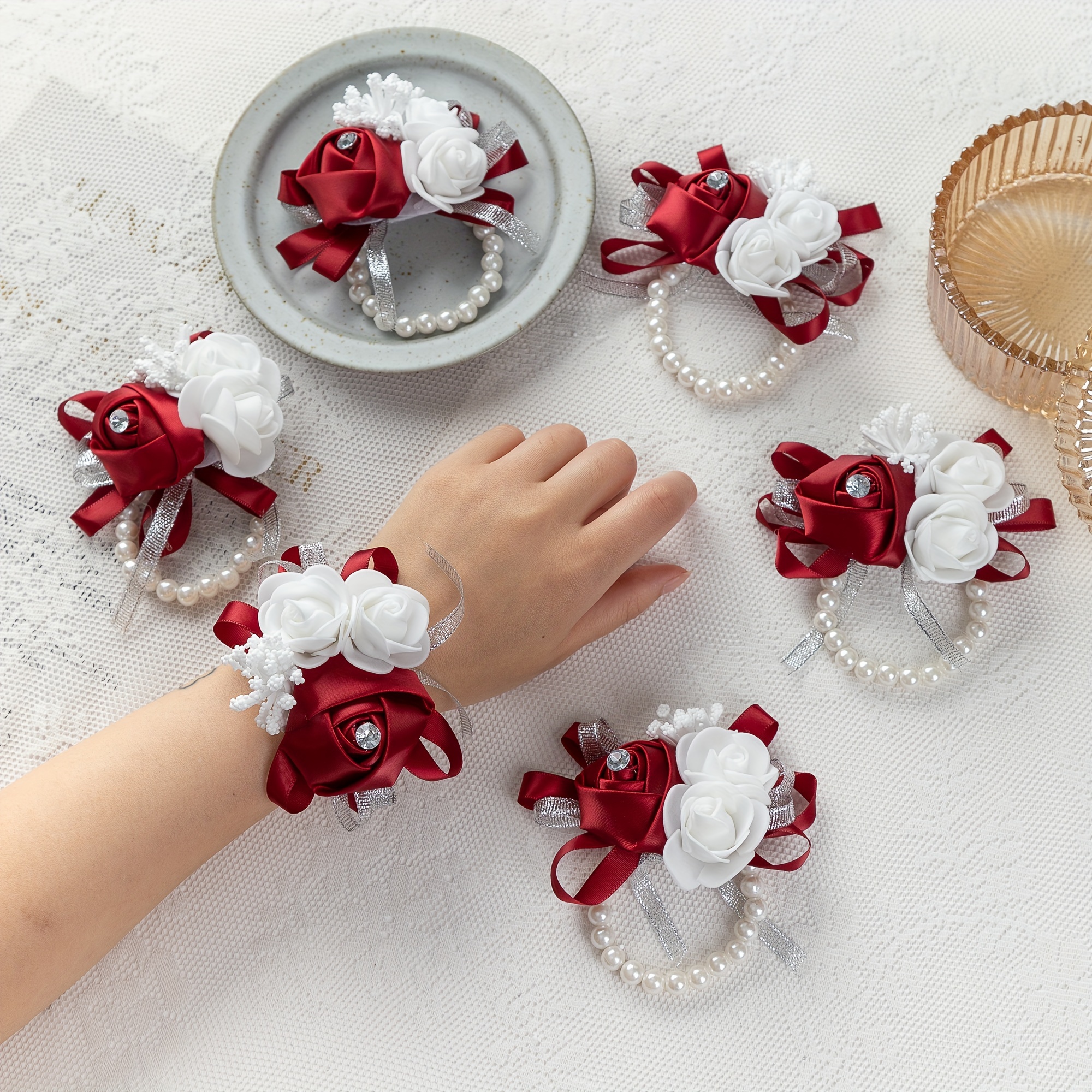 Bride Bridesmaid Wrist Corsage Elastic Bracelet Faux Rose - Temu