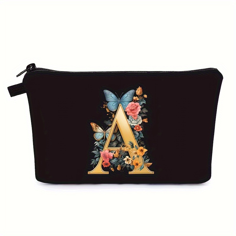 TEMU A-z Personalized Black Makeup Bags, Butterflys And Flowers Pattern Beauty Organizer Bag, Gifts For Women, Small Cosmetic Bag - Mother's Day Gifts