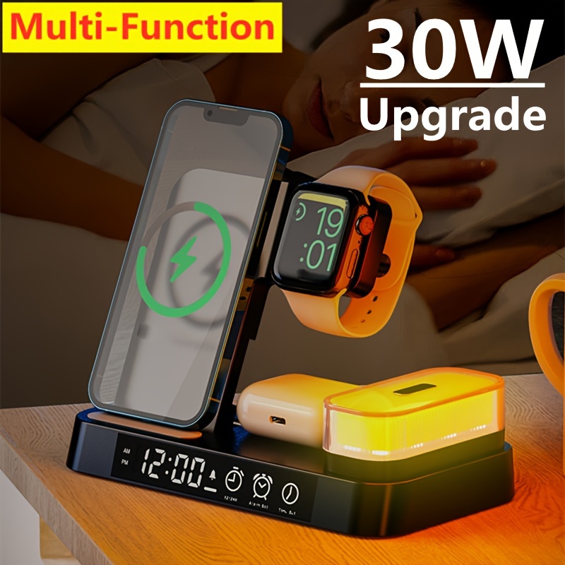 Cargador inalámbrico multifuncional, reloj despertador, altavoz, luz RGB,  estación de carga rápida para iPhone 11, 12, 13, 14, Samsung - AliExpress