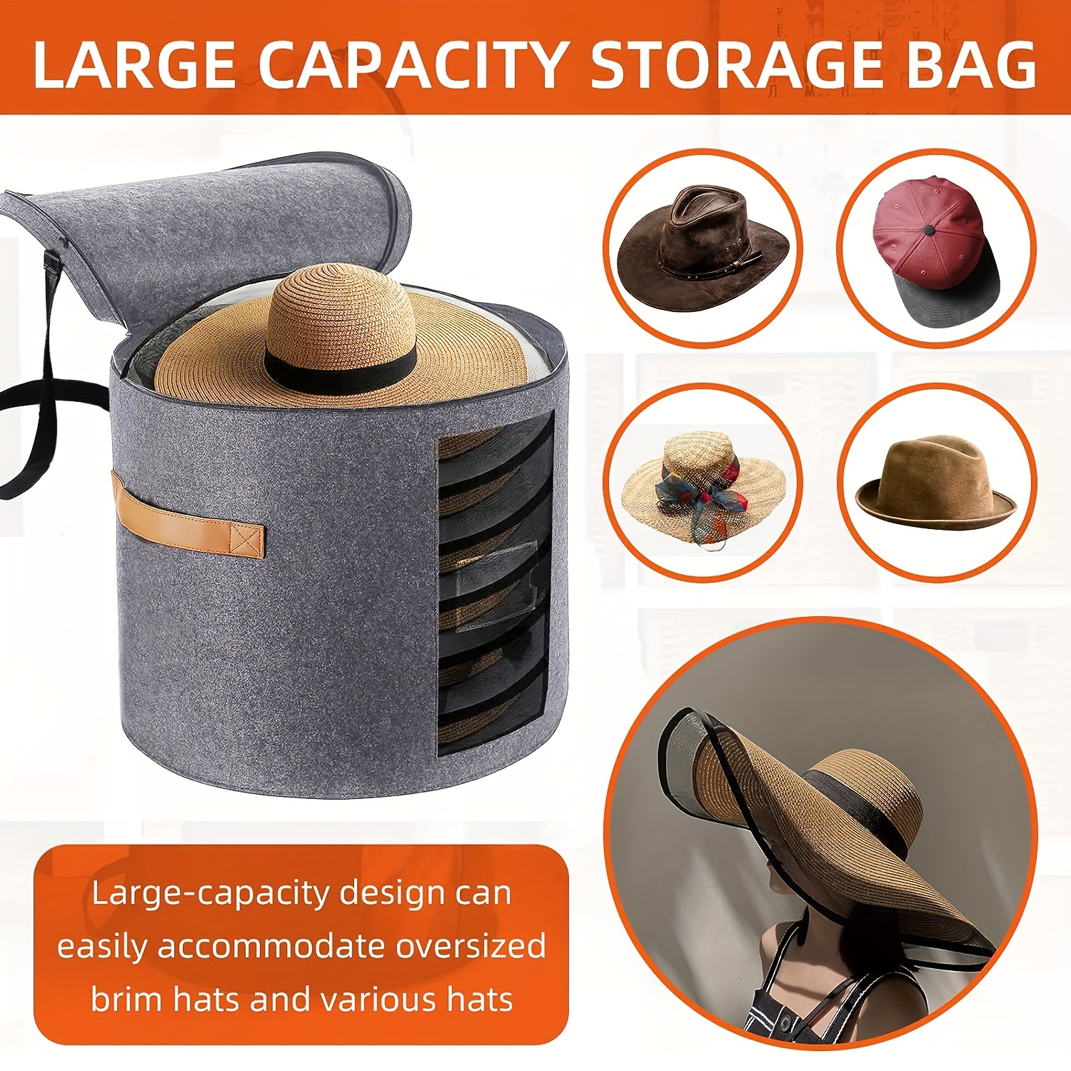 Round Hat Storage Box, Portable Felt Travel Hat Boxes for Women & Men with  Translucent Dustproof Lid and Shoulder Strap for Various Types of