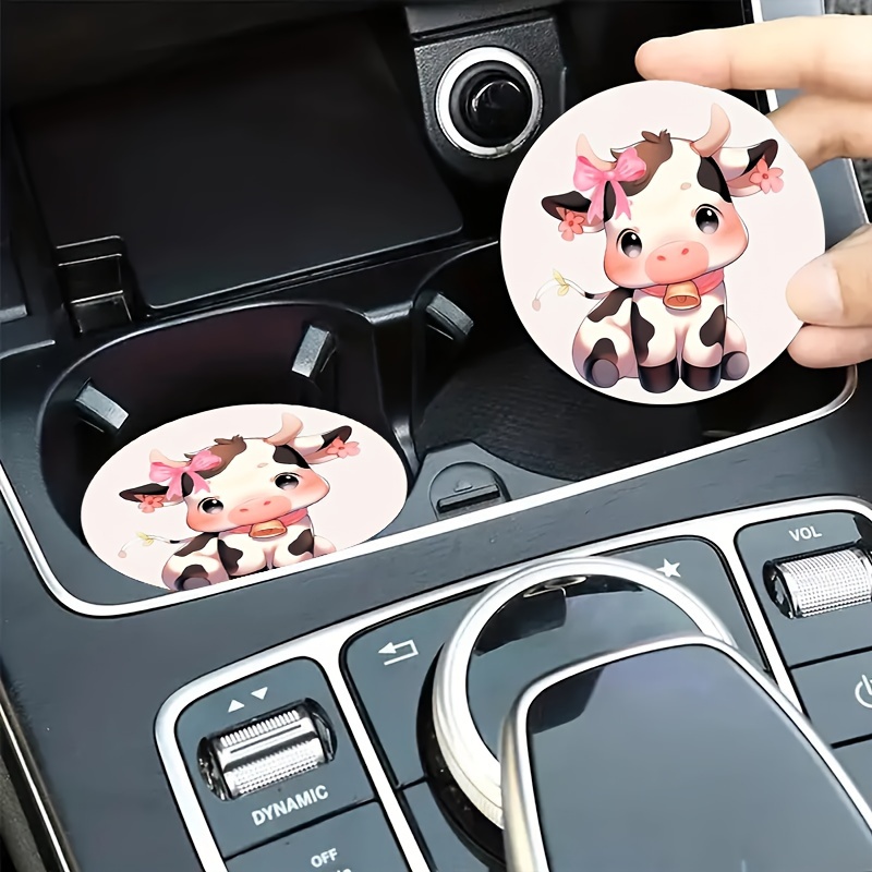 2pcs PU Leather Super Cute Little Cow Car Cup Holder Coaster, Circular  Dining Table Coaster, Car Interior Cup Holder Decoration, Christmas Party  Gift