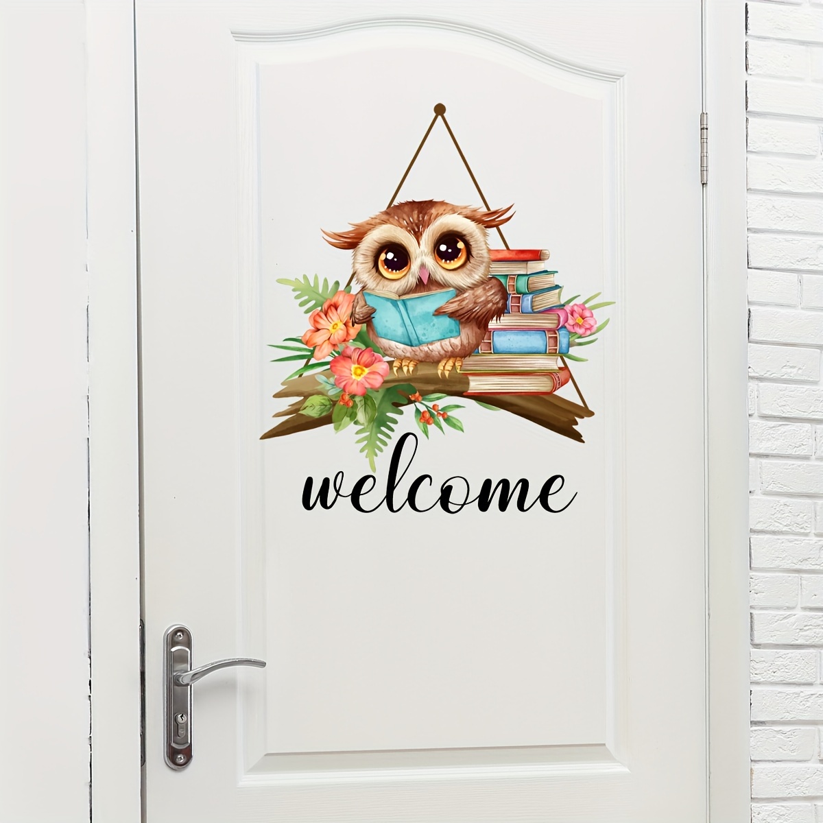 Image of Cartoon Owl Welcome Sign - Self-adhesive, For Living Room & Bedroom Door - Contemporary Pvc Home Decor
